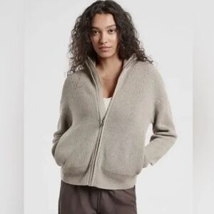 Athleta Escapade Mock Neck Bomber Sweater Bluff Grey Merino Wool Blend